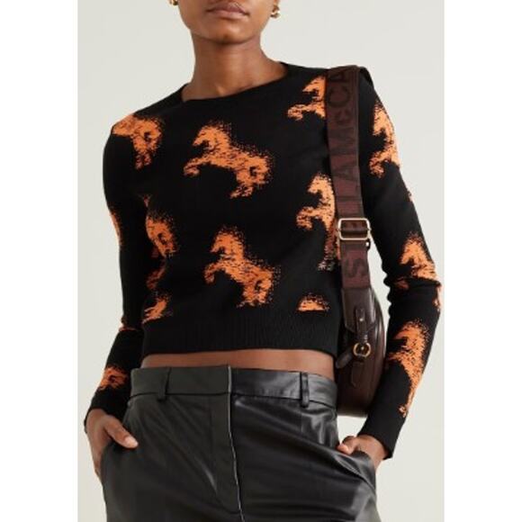 NWT Stella McCartney Net Sustain Jacquard Knit Sweater Black Orange Horses Small - Picture 1 of 9